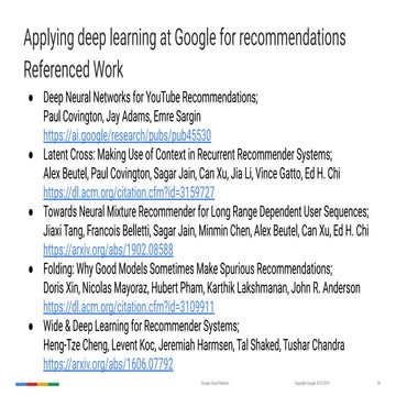 Applying deep learning at Google for recommendations references