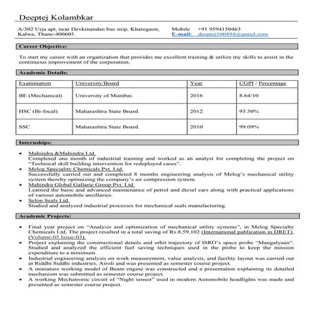 Deeptej kolambkar resume