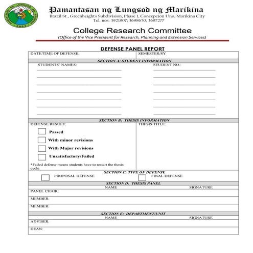 Defense panel report sheet crc