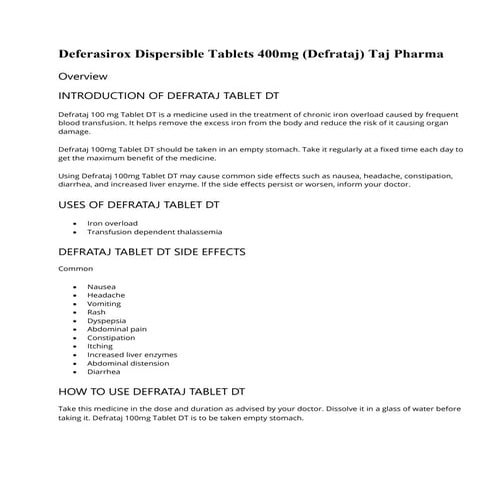 Deferasirox Dispersible Tablets 400mg (Defrataj) Manufacturers ...
