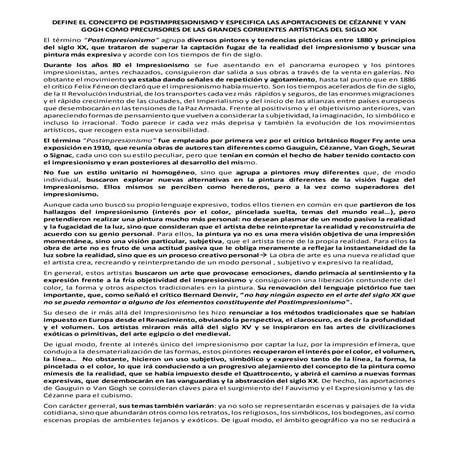 Define el concepto de postimpresionismo y especifica las aportaciones de ceza...