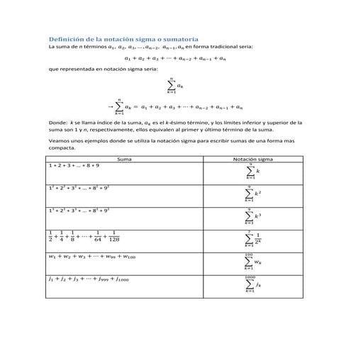 Definición de la notación sigma o sumatoria | PDF