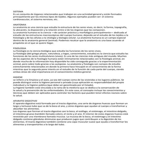 Definiciones: SISTEMA, ANATOMIA, FISIOLOGIA, HIGIENE, APARATO DIGESTIVO