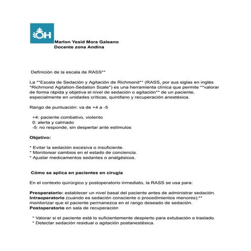 definicion escala de Rass, uso, aplicacion en pacientes en unidad de ...