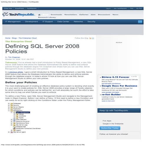Defining sql server 2008 policies   tech republic