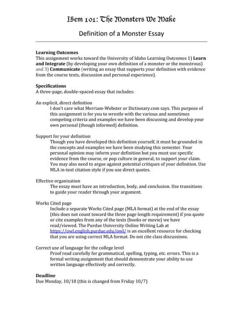 Definition Of A Monster Essay Thesis Of A Compare And Contrast Essay also High School Entrance Essay Essay About Science