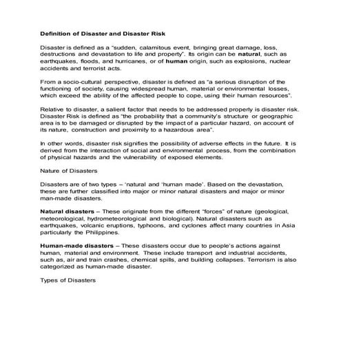 Definition of disaster and disaster risk