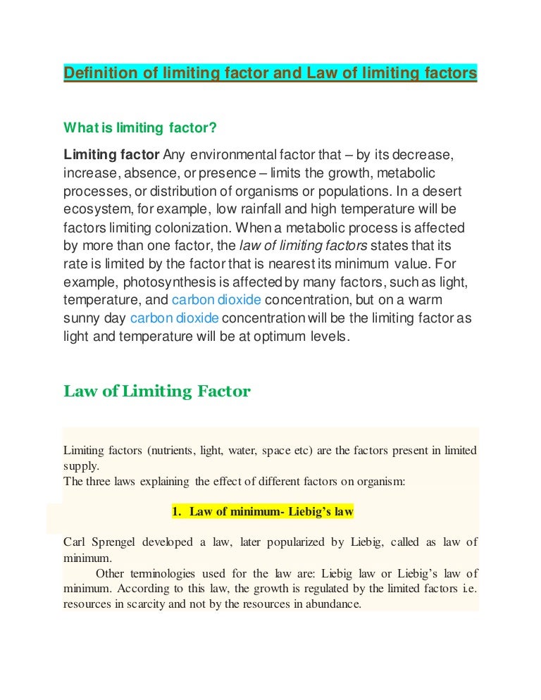 Definition of limiting factor and law of limiting factors