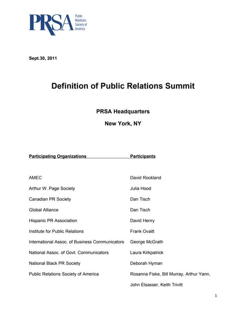 Definition of PR Summit Notes (Sept. 30, 2011 Meeting)
