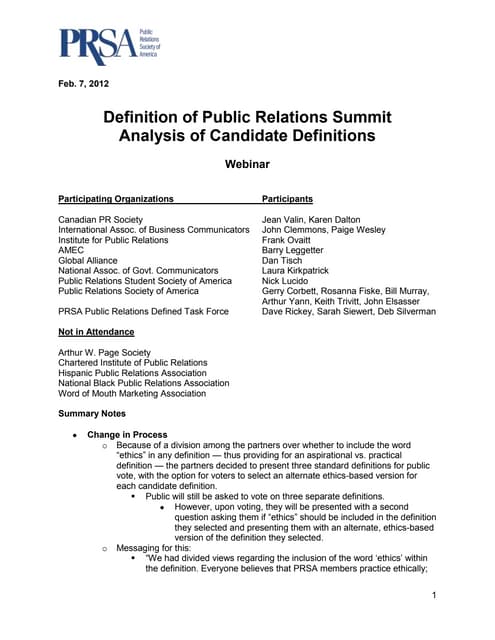 Definition of PR Summit Notes — Analysis of Candidate Definitions