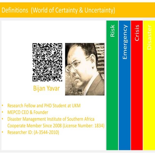Bijan Yavar, Definitions, Risk, Emergency, Crisis, Disaster, Certainity, Unce...