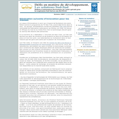 Defis en matiere de developpement, Les solutions Sud-Sud: Octobre 2007
