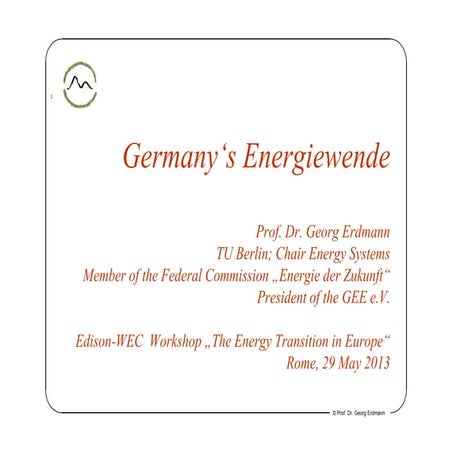 Georg Erdmann, Prof. for Energy System at the Berlin University of Technology 