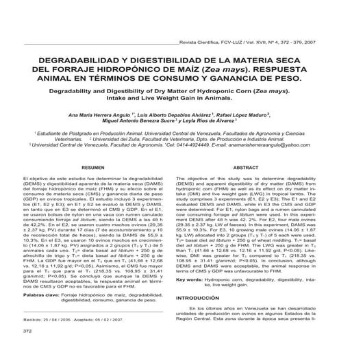 Degradabilidad y digestibilidad de la materia seca del forraje hidropónico de...