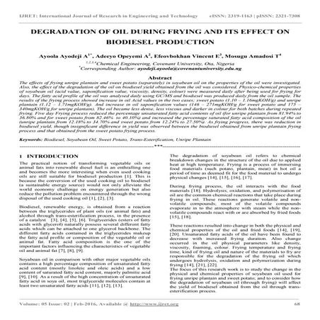 Degradation of oil during frying and its effect on biodiesel production