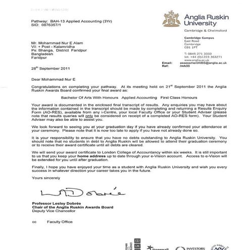 Degree course complition letter