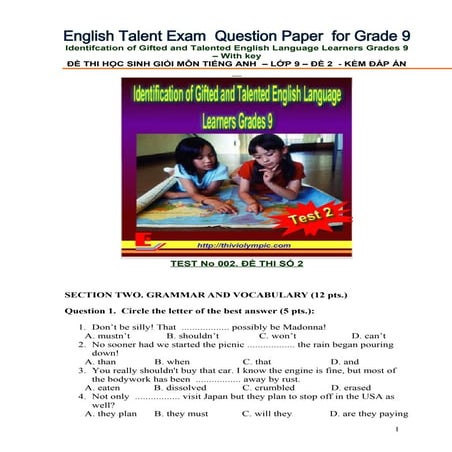 Đề thi học sinh giỏi Tiếng Anh lớp 9