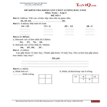 ĐỀ KIỂM TRA KHẢO SÁT CHẤT LƯỢNG ĐẦU NĂM MÔN TOÁN LỚP 2