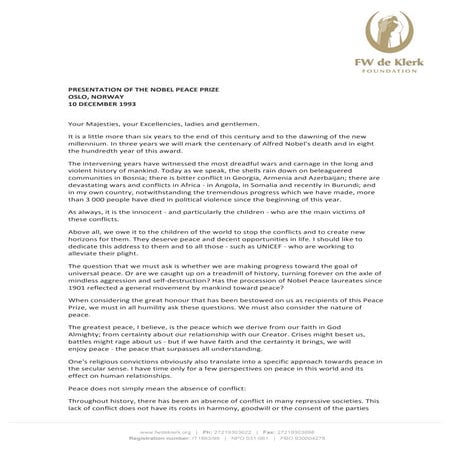 De Klerk Nobel Prize acceptance speech