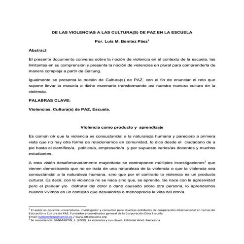 De las violencias a la cultura de paz en la escuela | PDF