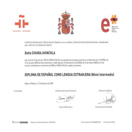 DELE Spanish Certificate (front) | PDF