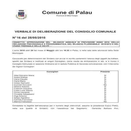 Comune di Palau  Delibera consiliare nr 16 del 28 05-2010