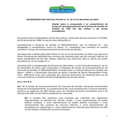 DELIBERAÇÃO CBH RIO DAS VELHAS no 11, de 15 de dezembro de 2014