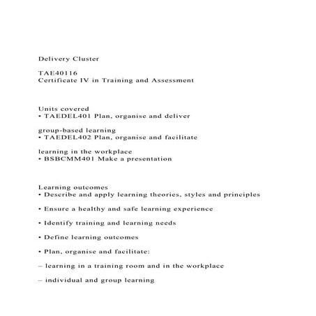Delivery ClusterTAE40116Certificate IV in Training and A.docx