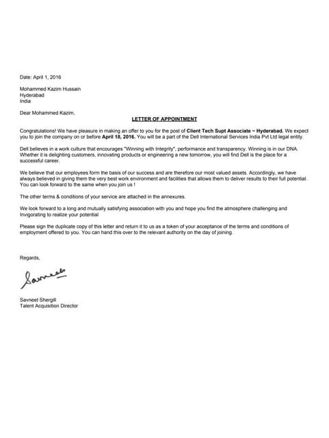 Dell Offer Letter