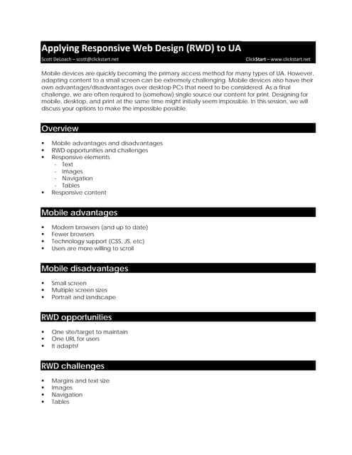 Applying Responsive Web Design (RWD) to UA - WritersUA East 2015, Scott DeLoa...