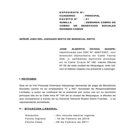 Demanda  de cobro de beneficios trabajador comun privado