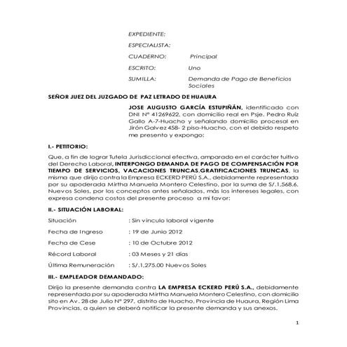 Demanda de beneficios laborales cachay