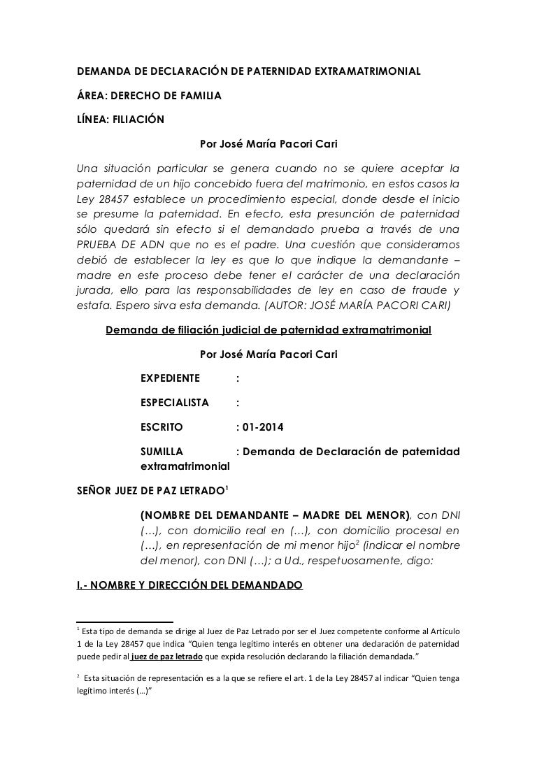 Demanda De Declaracion De Paternidad Extramatrimonial