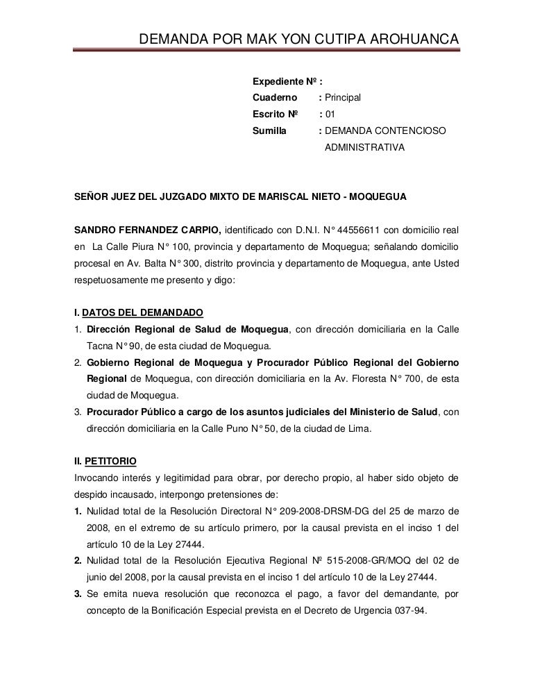 Demanda de decreto de urgencia 037 94. Demanda de decreto de urgencia 037 94.