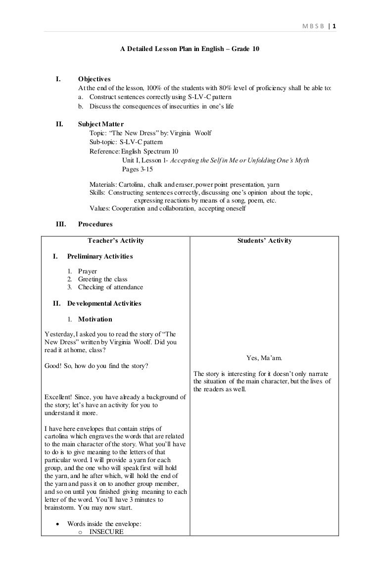 S-LV-C pattern and The New Dress Lesson plan
