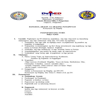 Banghay Aralin sa Araling Panlipunan 8- Unang Yugto ng Imperyalismong Kanluranin