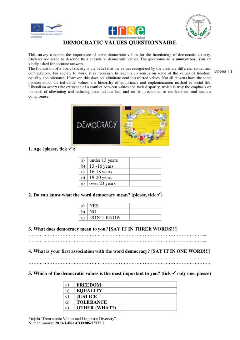 Democratic Values Questionnaire For Partner Schools Dvald Project