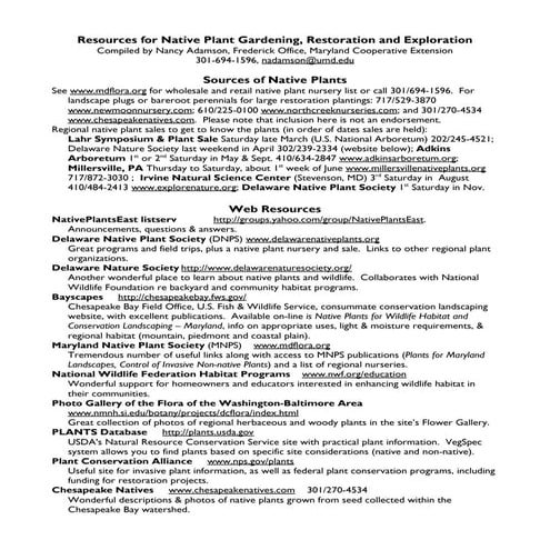 Resources for Native Plant Gardening, Restoration - Maryland