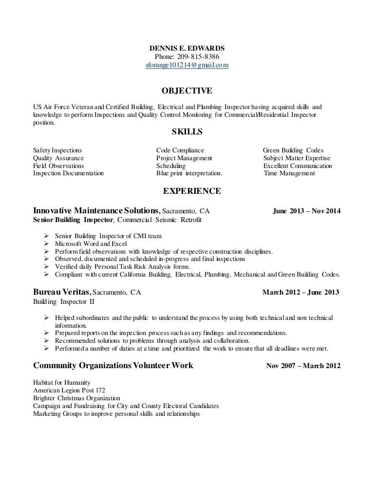 resume for building inspection position in tracy california building inspector resume