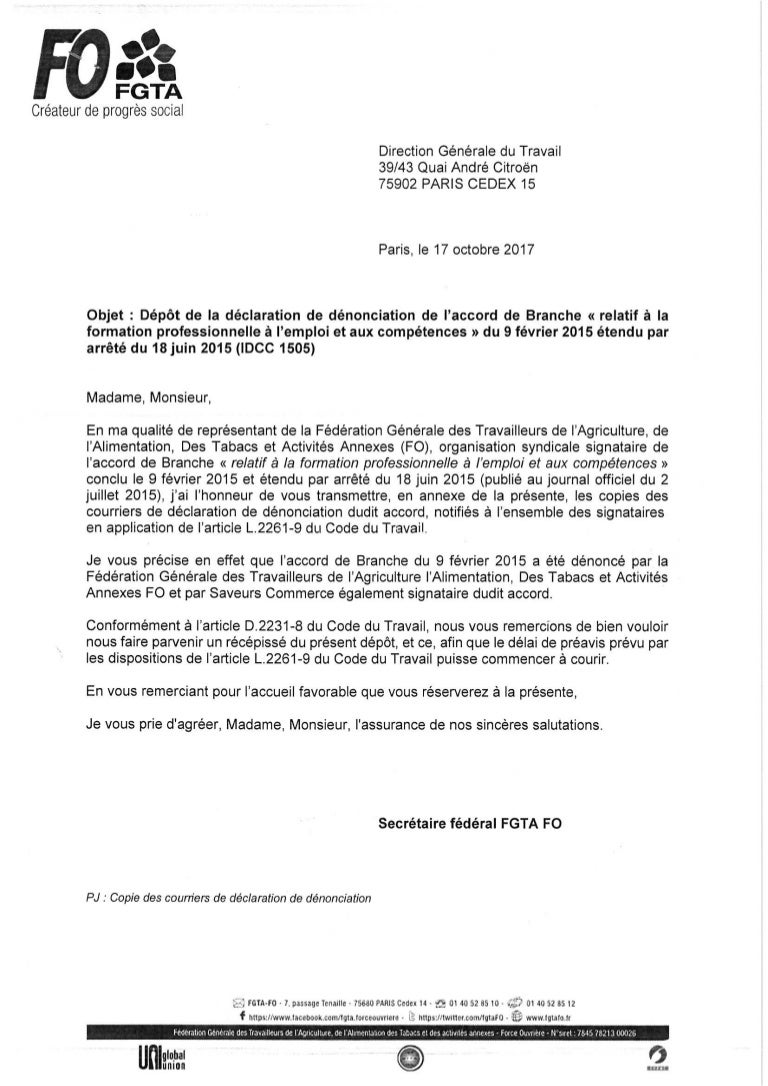 IDCC 1505 Lettre de denonciation fgta fo