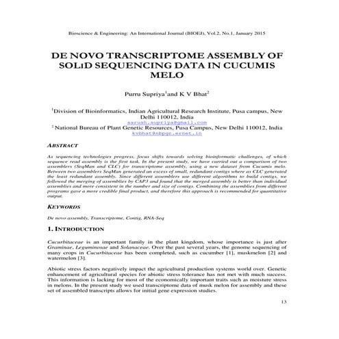 De novo transcriptome assembly of solid sequencing data in cucumis melo ...