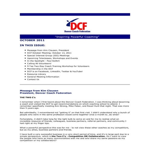 Denver Coach Federation Newsletter October 2011