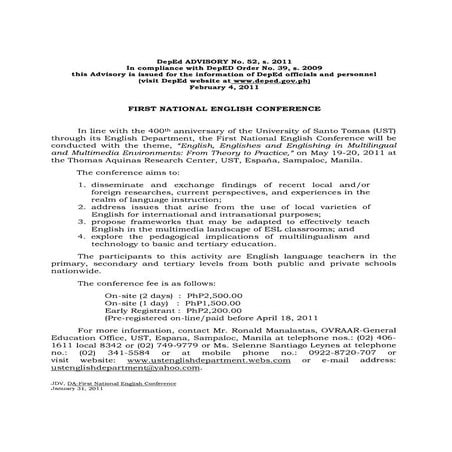 DepEd MEMORANDUM FOR UST DEPARTMENT OF ENGLISH 1ST NATIONAL CONFERENCE