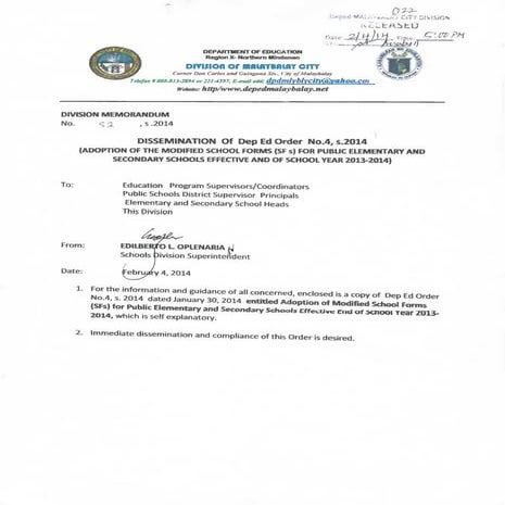 Deped order no.4,s2014 modified school forms