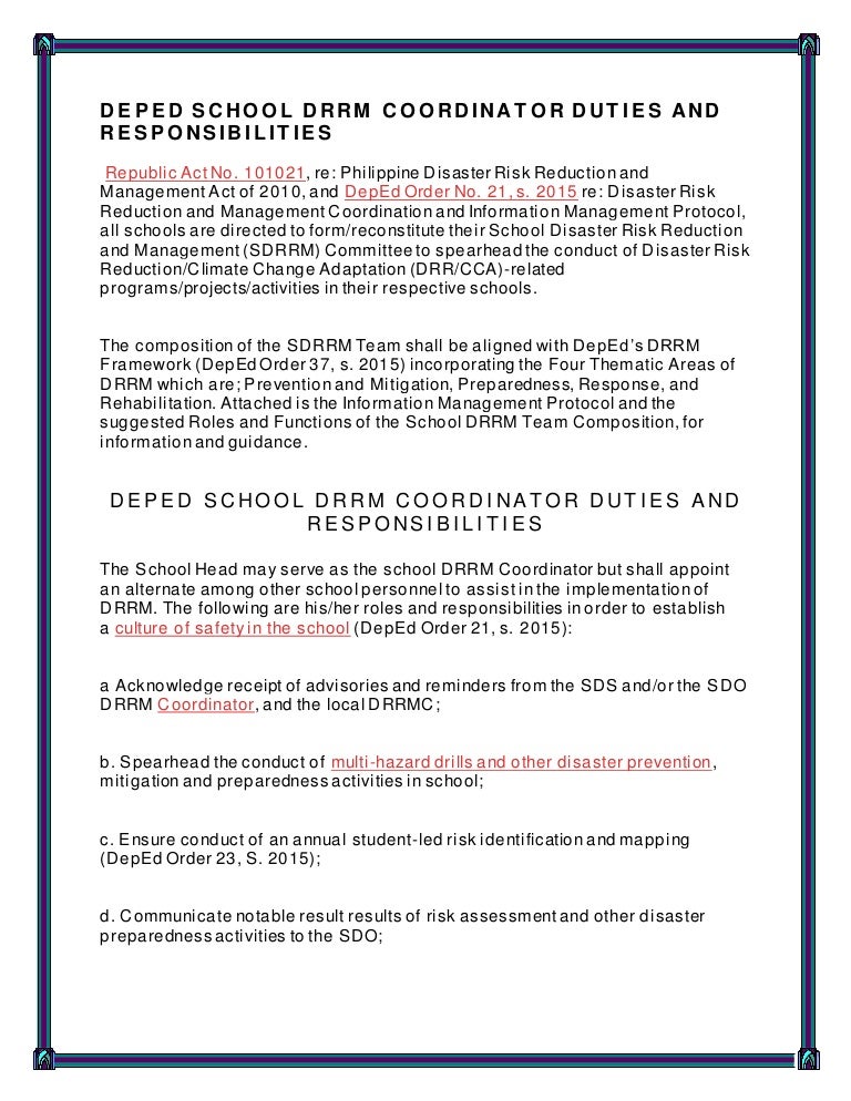 Deped School Drrm Coordinator Duties And Responsibilities