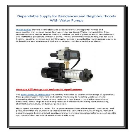 Dependable Supply for Residences and Neighbourhoods With Water Pumps
