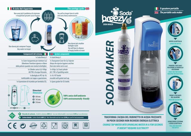 Gasatore D'Acqua Portatile Soda Breezy – Trasforma L'Acqua In Frizzante, Cilindro Ricaricabile, Fino A 60 Litri