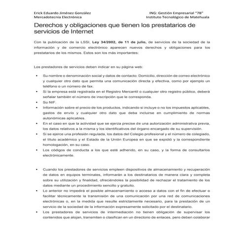 Derechos y obligaciones que tienen los prestatarios de servicios de internet unidad 4 actividad 7 