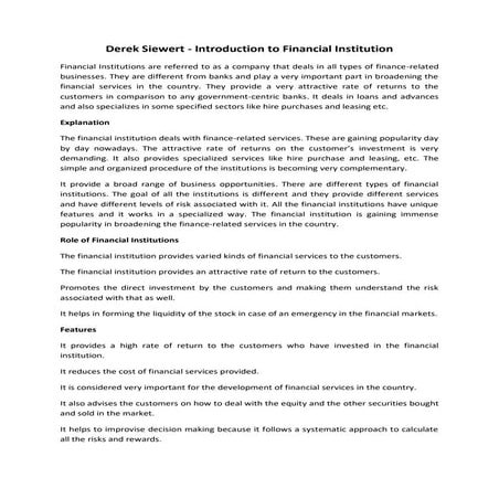 Derek siewert -  introduction to financial institution