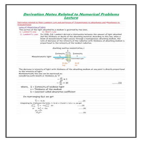 Derivation of Beer-Lambert Law and Conversion of Transmittance to Absorbance and Absorbance to Transmittance